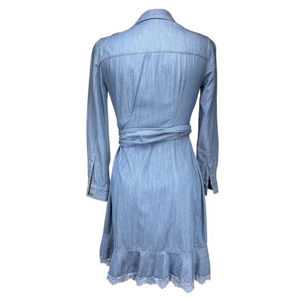 DIANE VON FURSTENBERG DVF "Aya" Tie Waist‎ Raw Hem Chambray Blue Wrap Dress 2 - Picture 2 of 7